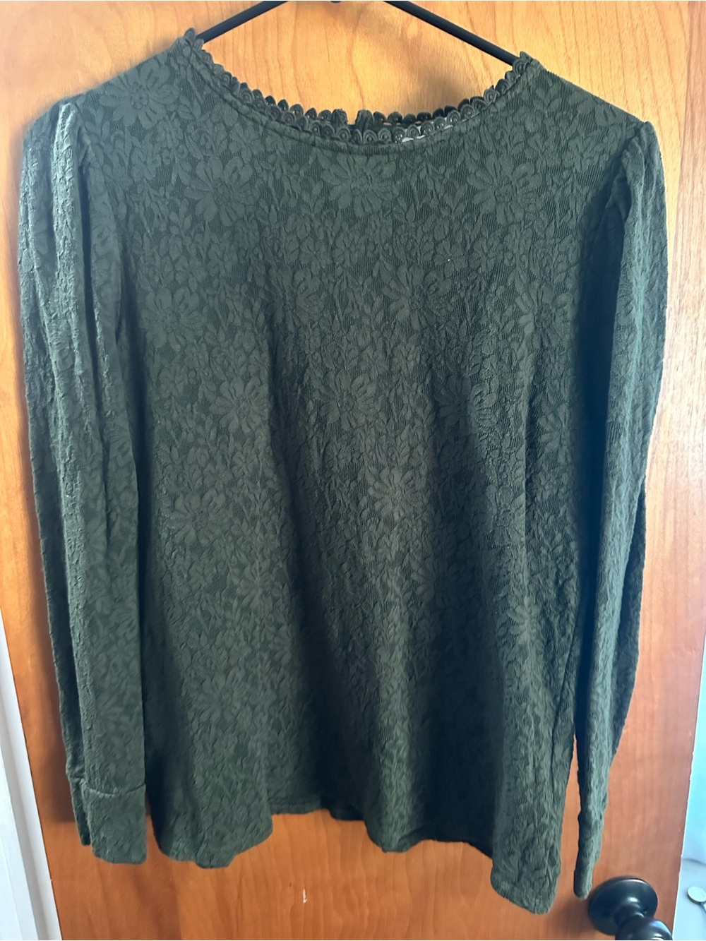 LOFT Olive Green Long Sleeve Lace-Textured Top